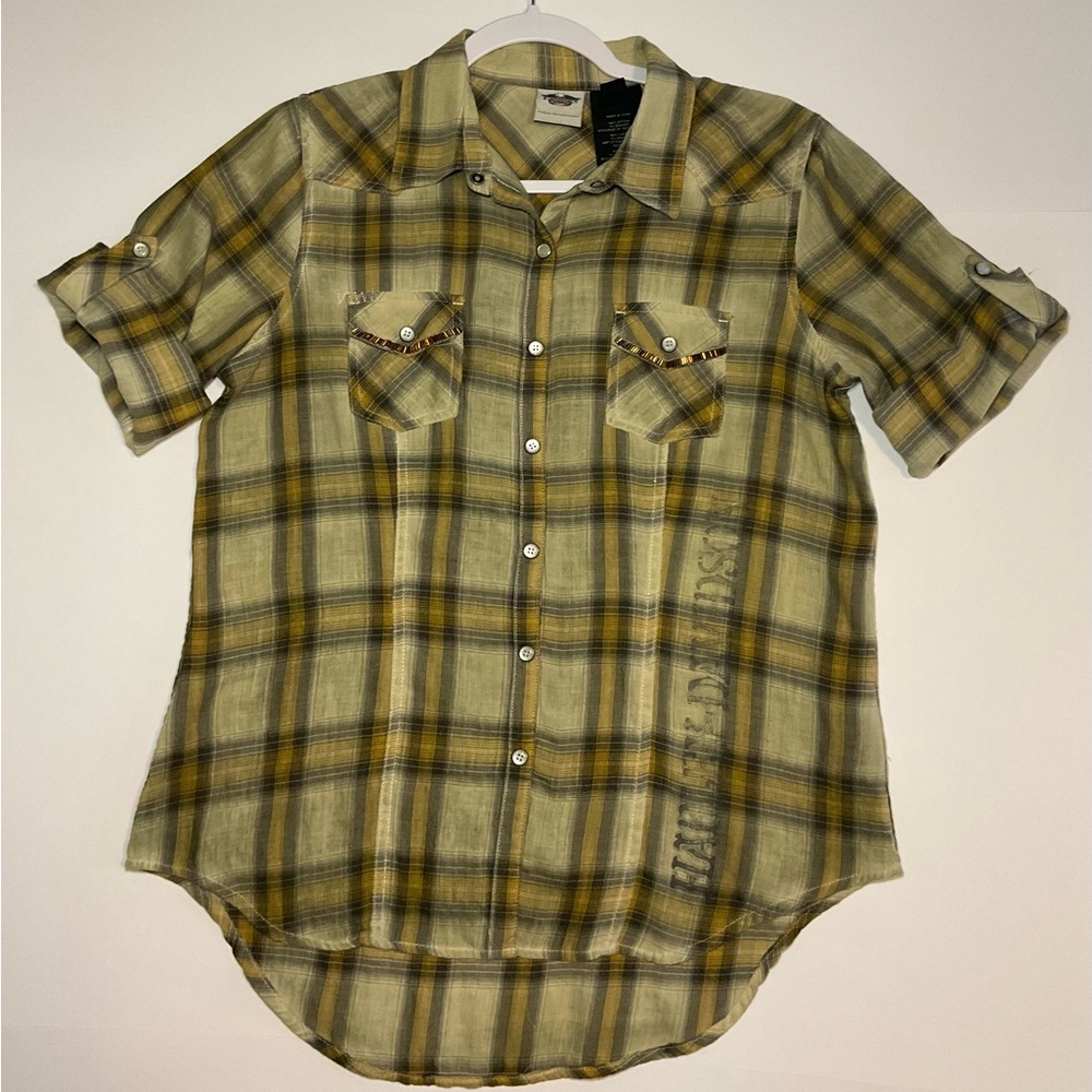 Womens Harley Davidson Embellished Plaid Shirt Biker Indie Sleeze Medium